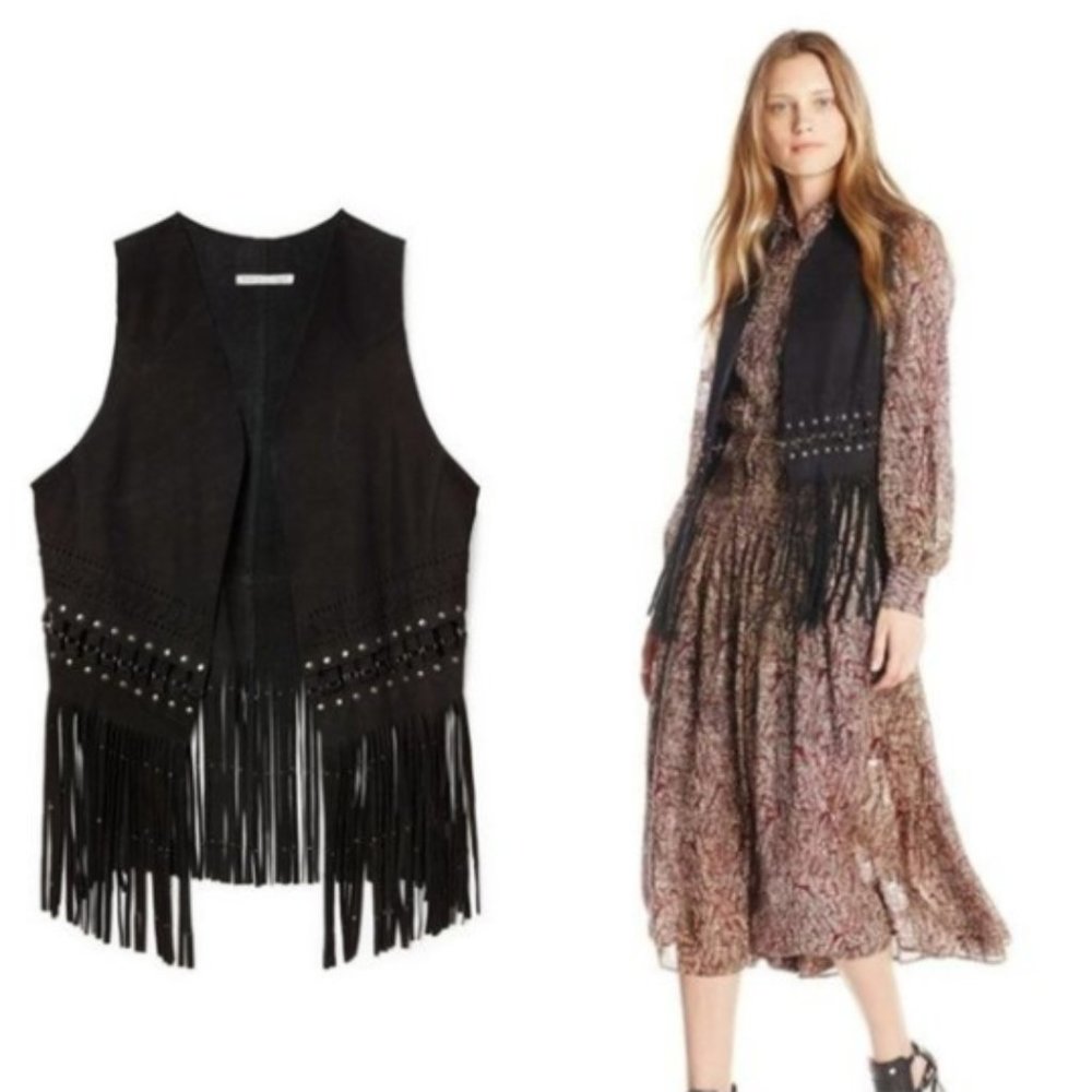Rebecca Minkoff Nubuck Leather Studded Fringe Vest Black Size Small